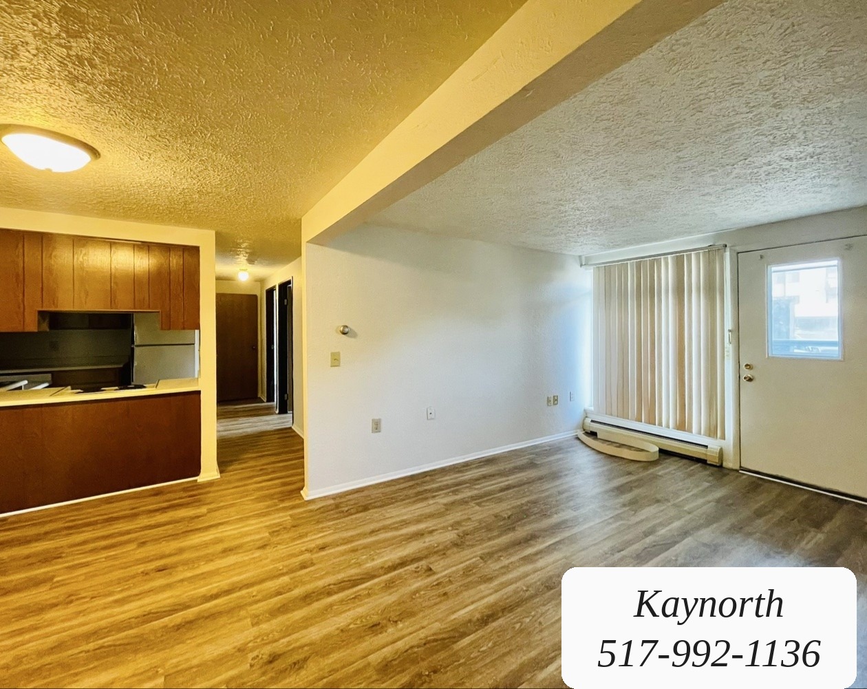 Living room with entry door, opening toward the kitchen in a Kaynorth apartment