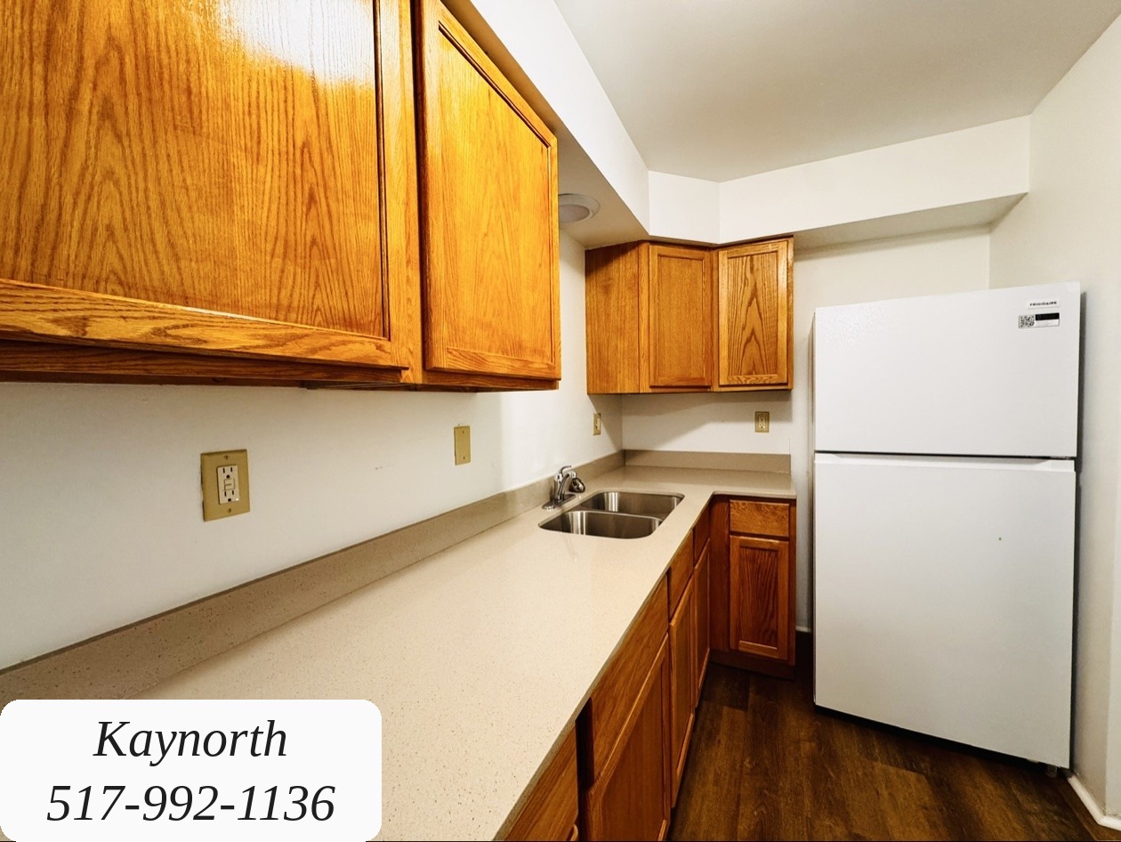 Kitchen counter space with wood cabinets and a refrigerator in a Kaynorth apartment